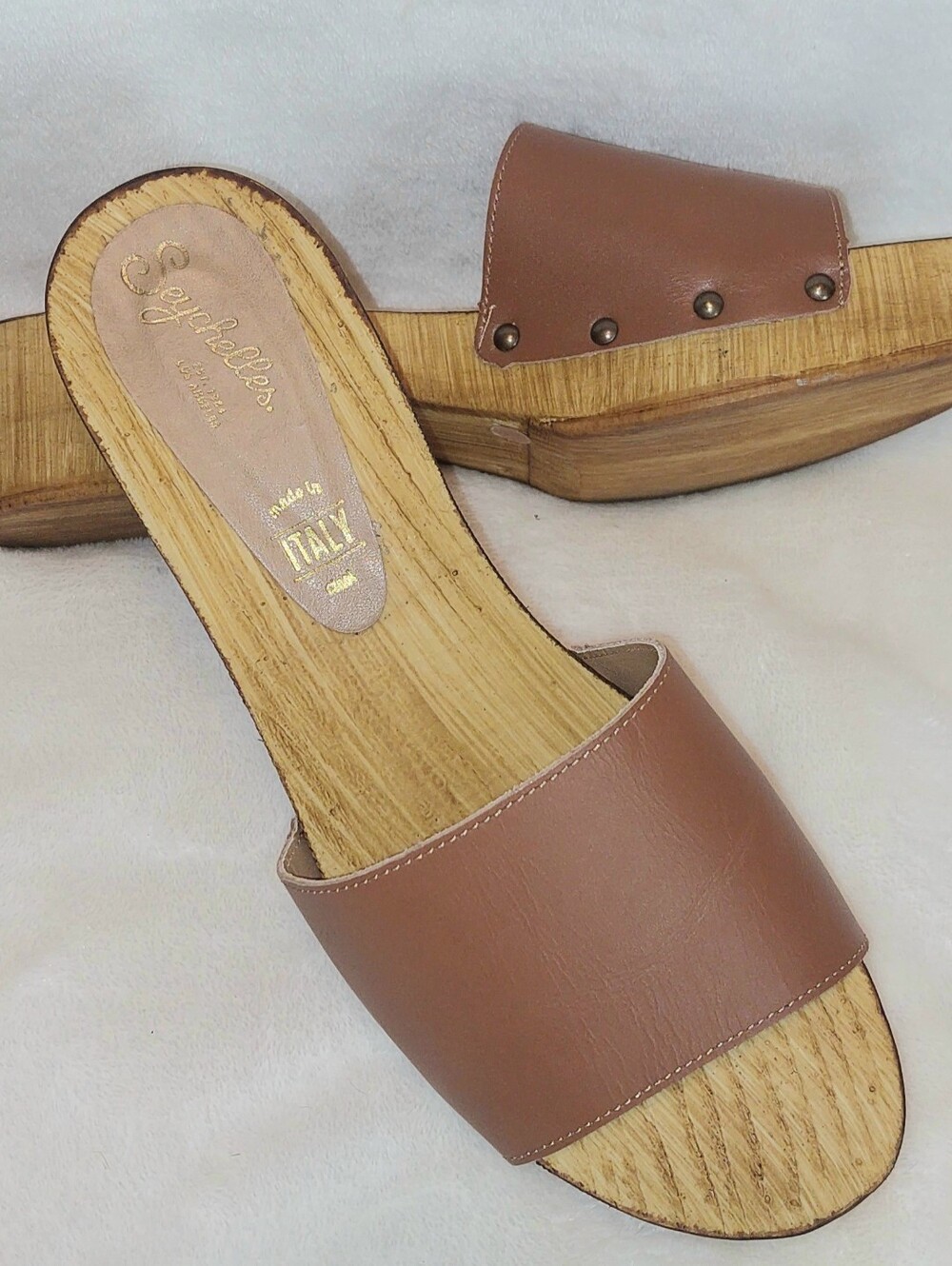 Seychelles Brown Leather Slide with Wood-Effect Footbed